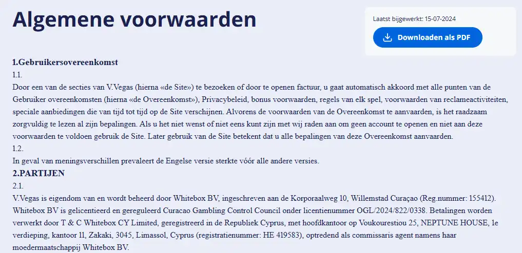 Officiële Vulkan Vegas voorwaarden met operator- en licentiegegevens