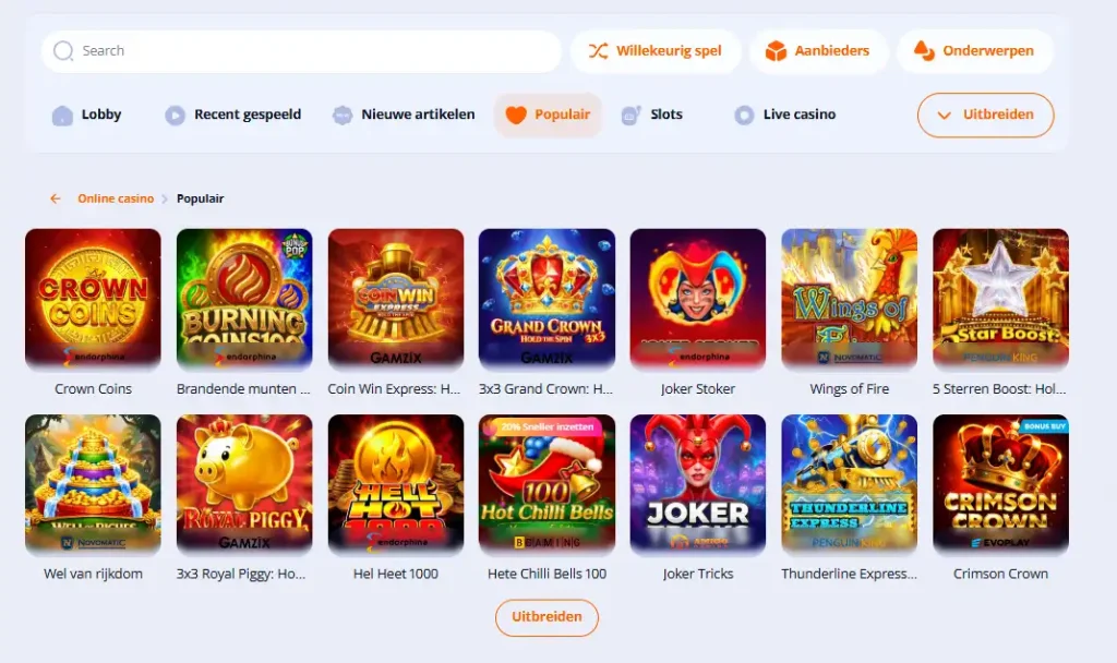 Actuele V.Vegas spellobby met categorieën en speltegels