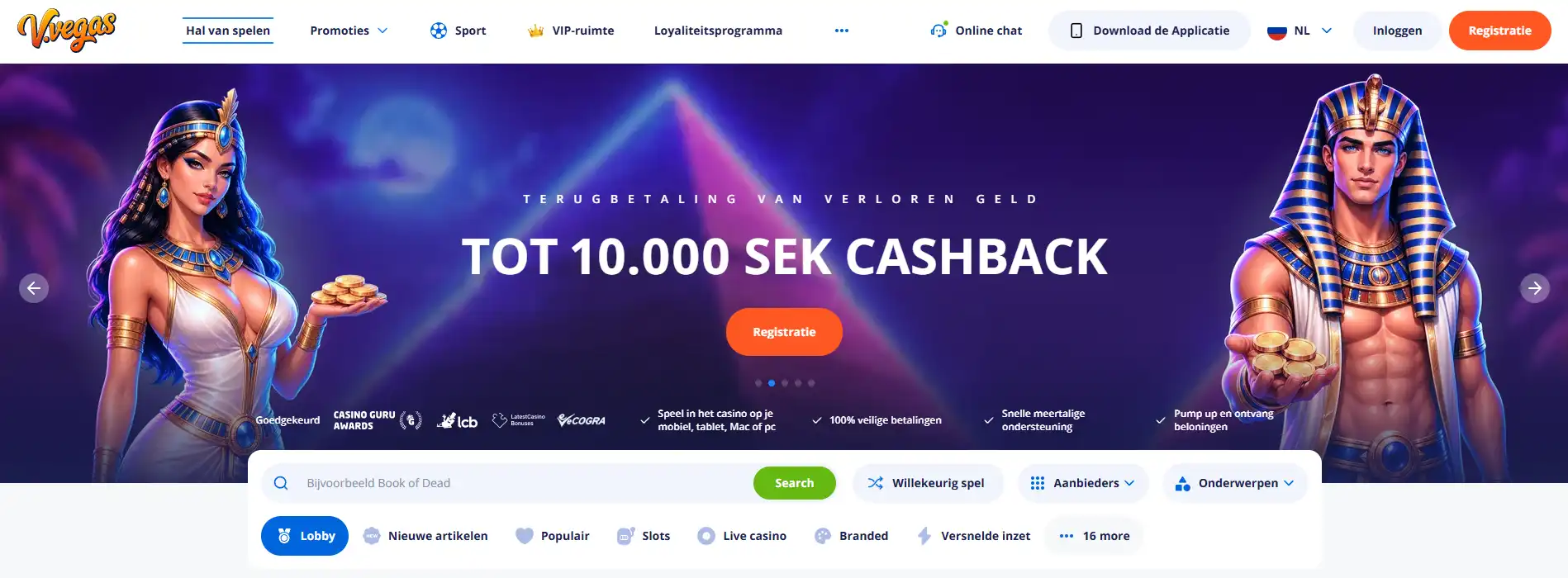 Actuele officiële V.Vegas-website met herkenbare merkinterface