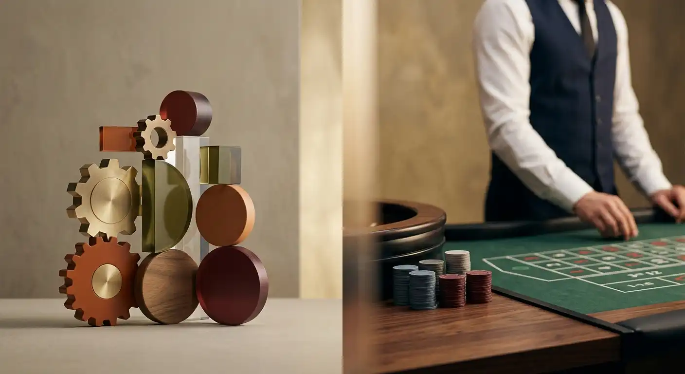 Conceptuele redactionele illustratie van slots en live casino zonder merklogo of echte game-interface
