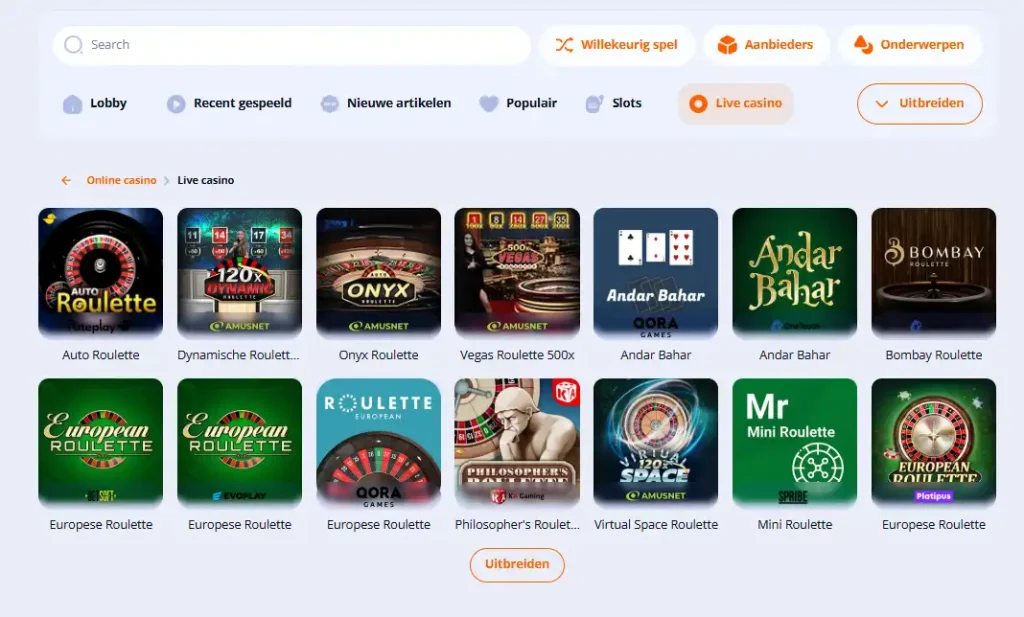 Actuele Vulkan Vegas livecasino-lobby met live tafels en spelshows